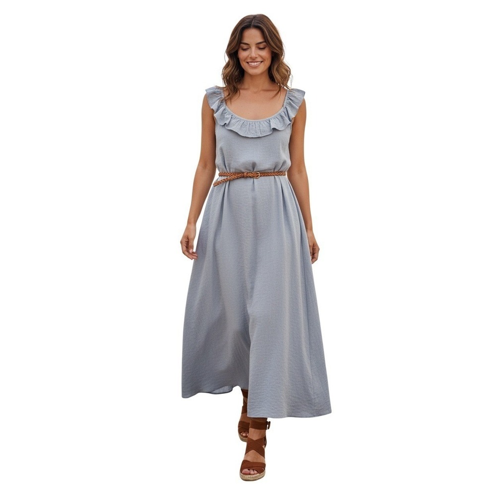 98% Cotton L/XL Maxi Dress ZEXXXY Blue Ruffle Strap Square Neck Slveless Coastal